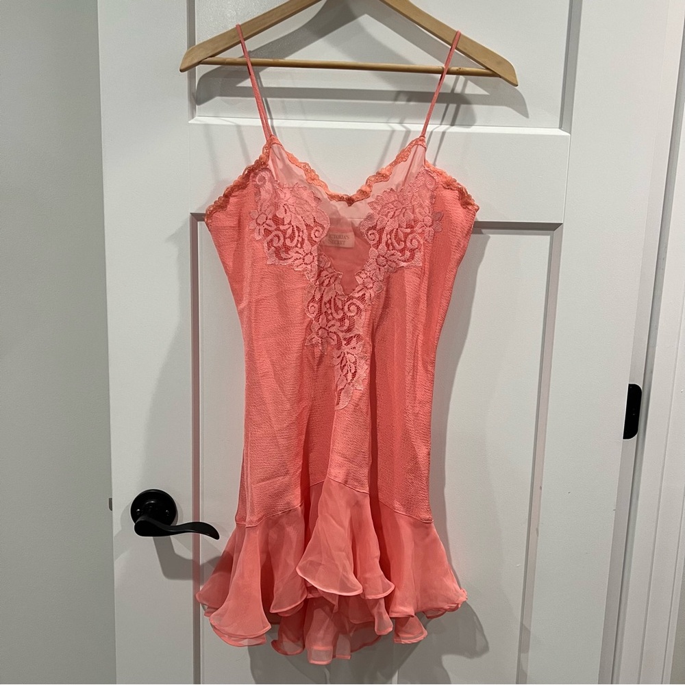 Vintage Gold Label Victoria’s Secret Slip Dress Ruffle Babydoll Lace Pink Coral